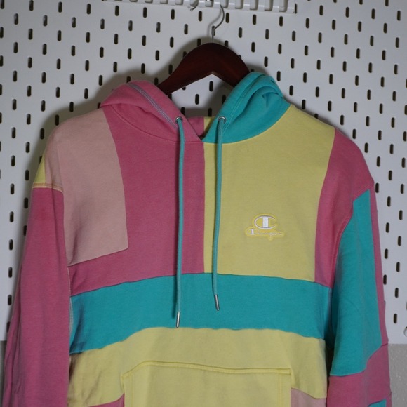 Champion Classic Fleece Pullover Hoodie Small Color Block Pink Yellow Blue - Picture 2 of 9